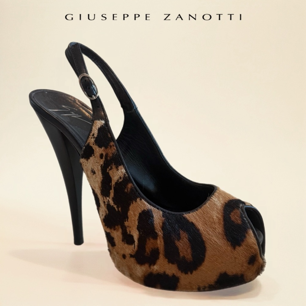🚨Giuseppe Zanotti Monro 105 Leopard-Print Calf Hair Slingback Platform Heels 38